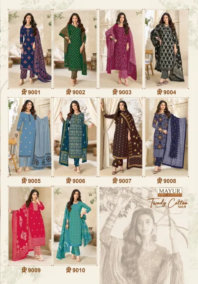Mayur Trendy Cotton Vol 9 catalog collage showcasing ten different salwar suit designs from the collection.