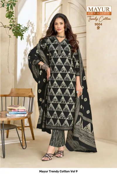Mayur Trendy Cotton Vol 9 black salwar suit with grey geometric triangular print and matching printed dupatta.