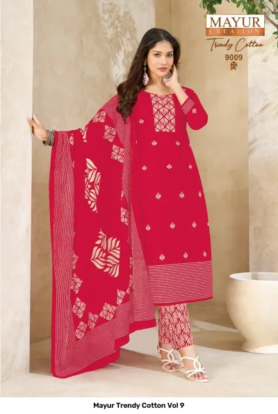 Mayur Trendy Cotton Vol 9 red salwar suit featuring a white leaf pattern, printed pants, and coordinated dupatta.