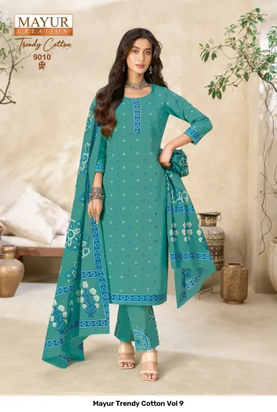 Mayur Trendy Cotton Vol 9 teal salwar suit with white small polka dot print and decorative border detail.