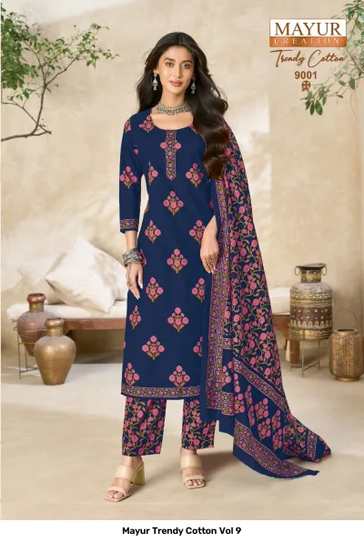 Mayur Trendy Cotton Vol 9 navy blue salwar suit with pink floral motifs and matching pink floral printed dupatta.