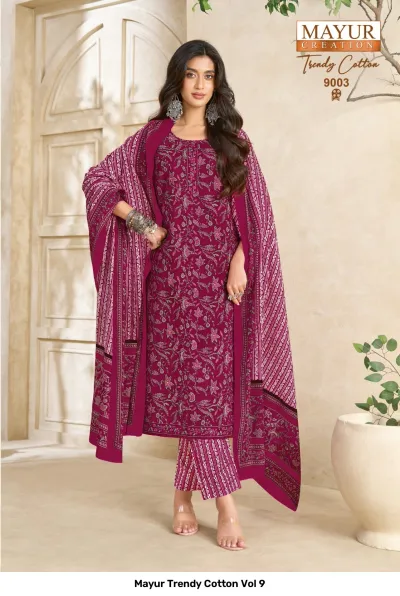 Mayur Trendy Cotton Vol 9 magenta salwar suit with intricate white floral print and a printed dupatta.