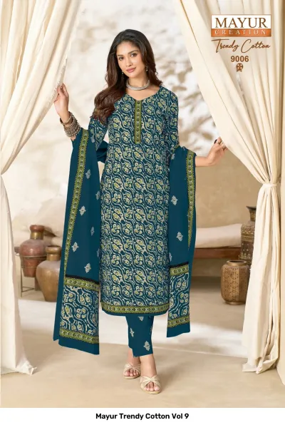 Mayur Trendy Cotton Vol 9 dark teal salwar suit with abstract leaf-like print and a contrasting printed dupatta.