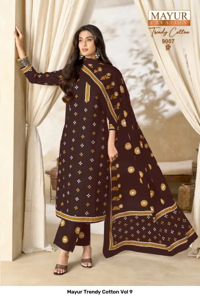 Mayur Trendy Cotton Vol 9 dark brown salwar suit with small white and yellow geometric print and matching dupatta.