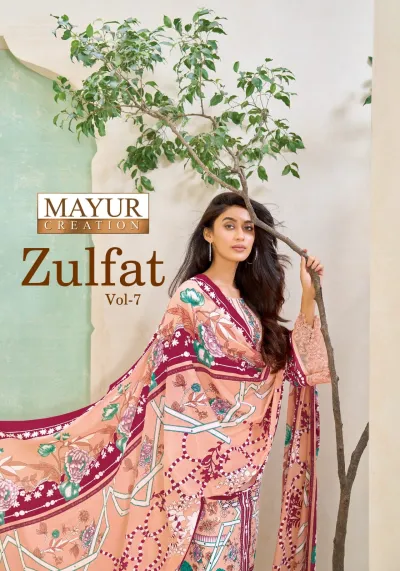 Mayur Zulfat Vol 7 catalog cover featuring various printed salwar suits with floral patterns and thread work designs.