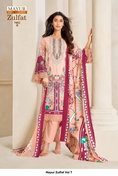 Mayur Zulfat Vol 7 peach-colored printed salwar suit with floral patterns, matching dupatta, and detailed thread work on the neck.