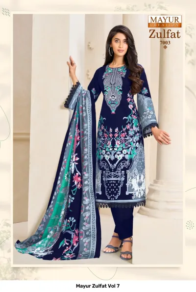 Mayur Zulfat Vol 7 navy blue salwar suit with floral prints, thread work embroidery on the neck, and a coordinating printed dupatta.