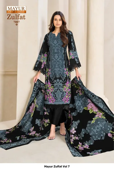 Mayur Zulfat Vol 7 black printed salwar suit featuring floral motifs, bell sleeves, and solid black trousers with a matching dupatta.