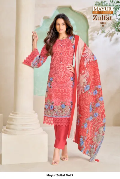 Mayur Zulfat Vol 7 coral-red salwar suit featuring floral prints, embroidery on the neck, and a matching printed dupatta.