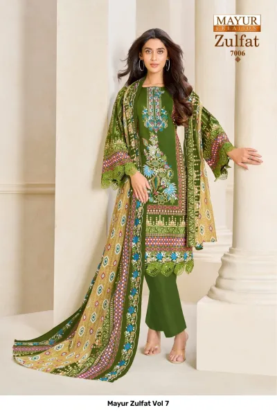 Mayur Zulfat Vol 7 olive green salwar suit with traditional prints, thread work embroidery on the neckline, and a patterned dupatta.