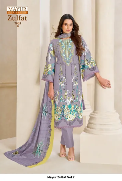 Mayur Zulfat Vol 7 lavender salwar suit featuring floral prints, thread work neckline details, and a coordinated printed dupatta.
