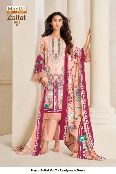 Mayur Zulfat Vol 7 - Readymade Dress, peach colored printed salwar suit featuring floral patterns, thread work neckline embroidery, and a matching dupatta.