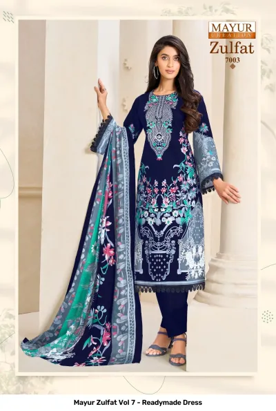 Mayur Zulfat Vol 7 - Readymade Dress, navy blue printed salwar suit with floral motifs, intricate white thread work neckline, and a matching printed dupatta.