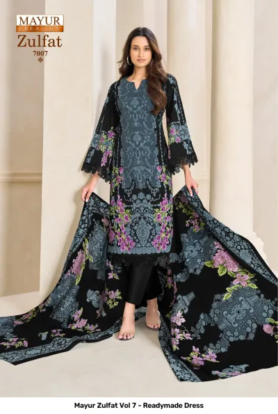 Mayur Zulfat Vol 7 - Readymade Dress, black printed salwar suit featuring floral and paisley patterns, thread work on neck, and a coordinating printed dupatta.