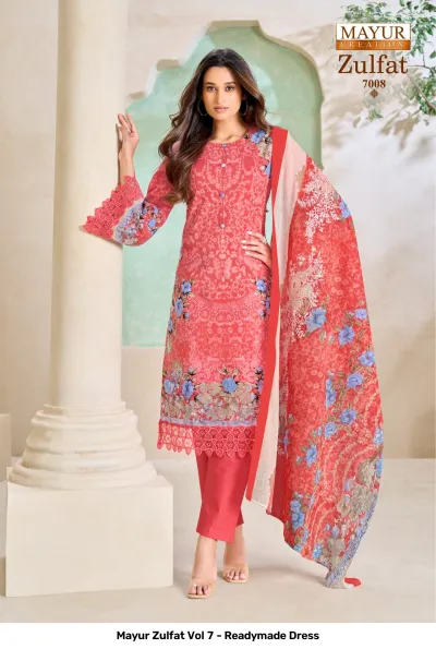 Mayur Zulfat Vol 7 - Readymade Dress, red printed salwar suit featuring floral patterns, thread work neckline details, and a matching floral printed dupatta.