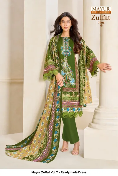 Mayur Zulfat Vol 7 - Readymade Dress, olive green printed salwar suit with floral and geometric motifs, thread work on neck, and a patterned dupatta.