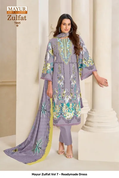 Mayur Zulfat Vol 7 - Readymade Dress, lavender printed salwar suit with floral details, delicate thread work on neckline, and a coordinating printed dupatta.