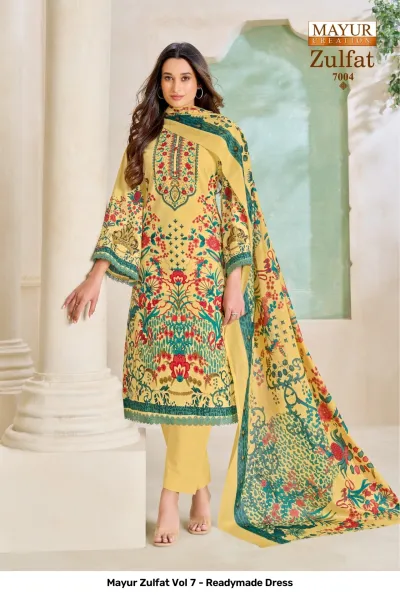 Mayur Zulfat Vol 7 - Readymade Dress, yellow printed salwar suit with vibrant floral motifs, thread work on neck, and a matching printed dupatta.