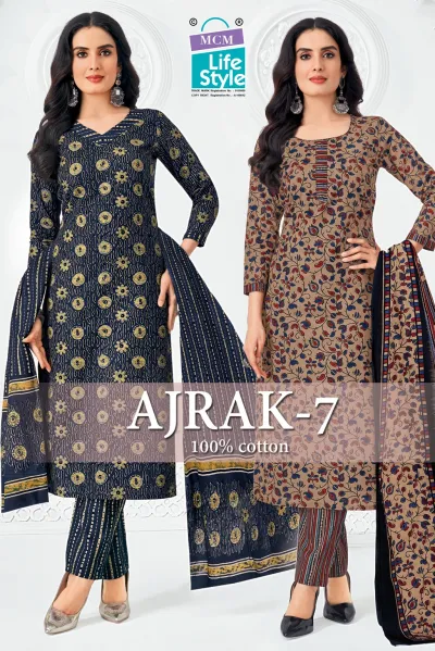 MCM Ajrak Vol 7 catalog cover featuring various printed cotton salwar suit designs with coordinating dupattas and pants.