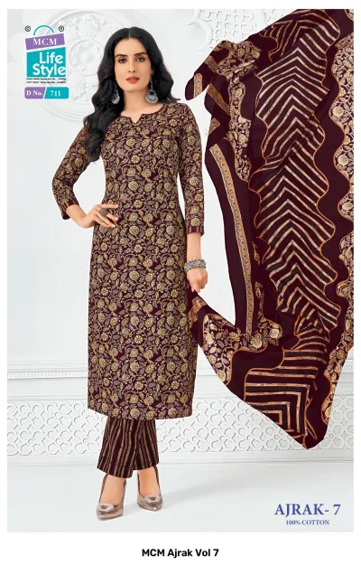 MCM Ajrak Vol 7 maroon kurti with gold floral block print, matching brown striped pants, and coordinating block printed dupatta.