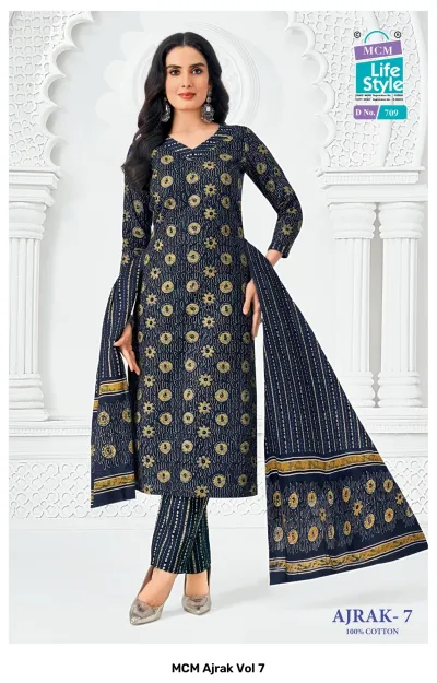 MCM Ajrak Vol 7 navy blue kurti with gold circular block print, matching striped pants, and coordinating block printed dupatta.