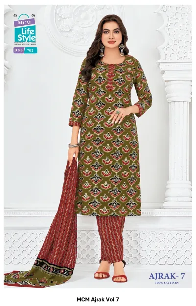 MCM Ajrak Vol 7 olive green kurti with red and black floral block print, matching red patterned pants, and block printed dupatta.