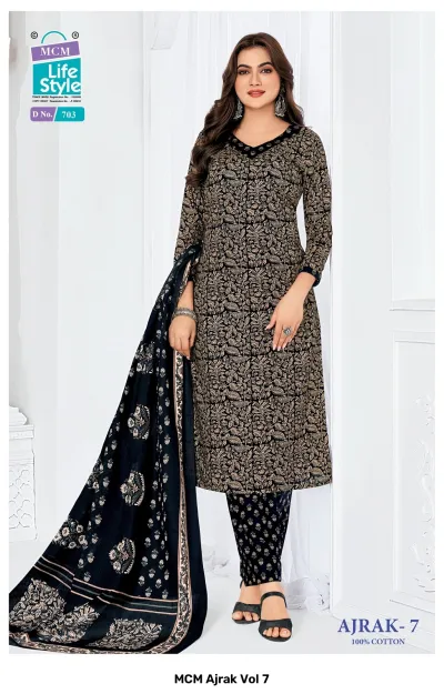 MCM Ajrak Vol 7 black kurti with beige floral block print, matching black patterned pants, and coordinating block printed dupatta.