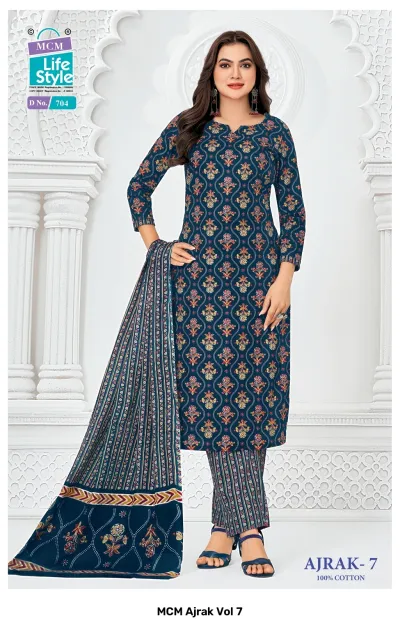 MCM Ajrak Vol 7 navy blue kurti with orange and white floral block print, matching striped pants, and coordinating block printed dupatta.
