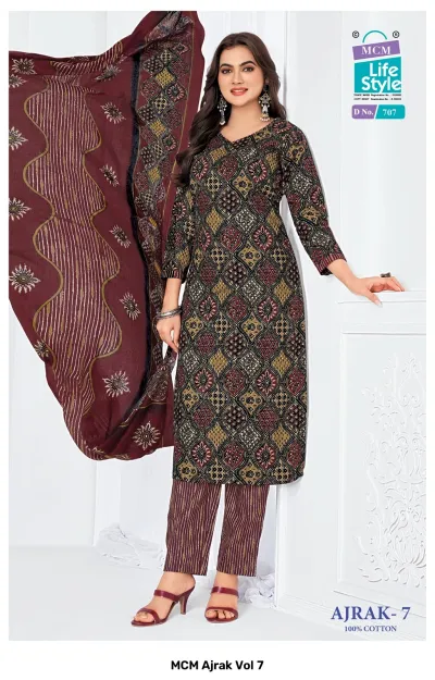 MCM Ajrak Vol 7 black kurti with geometric lattice block print, matching striped pants, and maroon and black block printed dupatta.