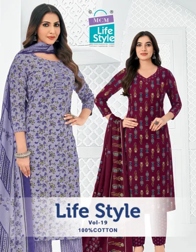 MCM Lifestyle Vol 19 catalog cover featuring two women wearing printed cotton salwar suits with matching dupattas in purple and maroon.