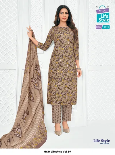 MCM Lifestyle Vol 19 taupe floral printed cotton salwar suit with a matching patterned dupatta and trousers.