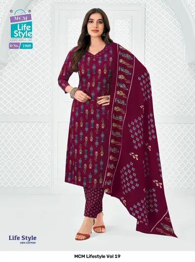 MCM Lifestyle Vol 19 maroon printed cotton salwar suit with a matching dupatta and patterned trousers.