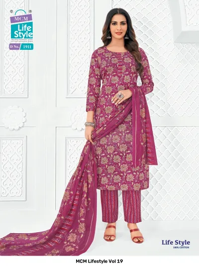 MCM Lifestyle Vol 19 purple floral printed cotton salwar suit with matching dupatta and striped trousers.