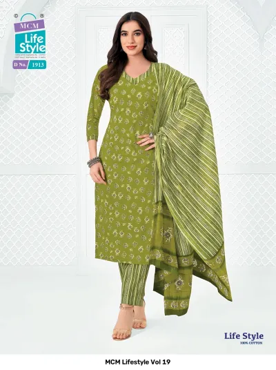 MCM Lifestyle Vol 19 olive green floral printed cotton salwar suit with a striped dupatta and matching trousers.