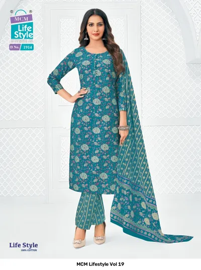 MCM Lifestyle Vol 19 teal floral printed cotton salwar suit with a matching printed dupatta and patterned trousers.