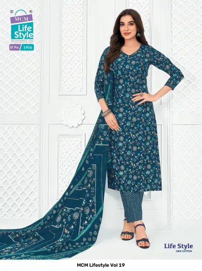 MCM Lifestyle Vol 19 dark teal printed cotton salwar suit with a matching dupatta and geometric print trousers.