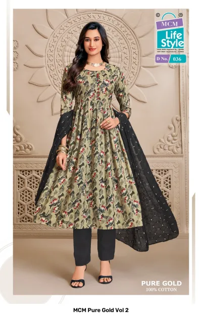 MCM Pure Gold Vol 2, olive and red floral printed salwar suit with plain trousers and embroidered black dupatta.