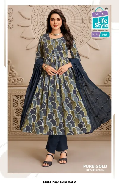 MCM Pure Gold Vol 2, blue and grey geometric arc printed salwar suit with plain trousers and matching embroidered dupatta.