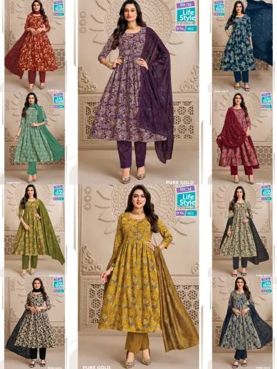 MCM Pure Gold Vol 2, catalog collage showing nine variations of floral and geometric printed salwar suits with embroidered dupattas.