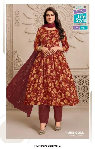 MCM Pure Gold Vol 2, red and yellow floral printed salwar suit with plain trousers and embroidered maroon dupatta.