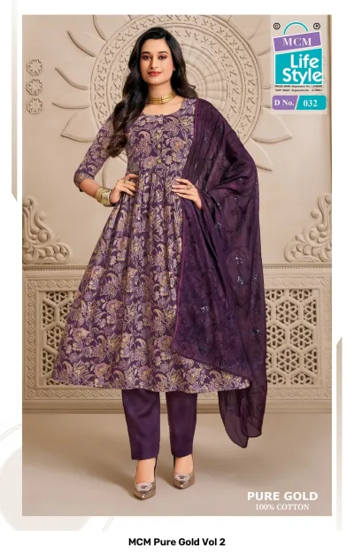 MCM Pure Gold Vol 2, purple floral printed salwar suit with plain trousers and matching embroidered dupatta.