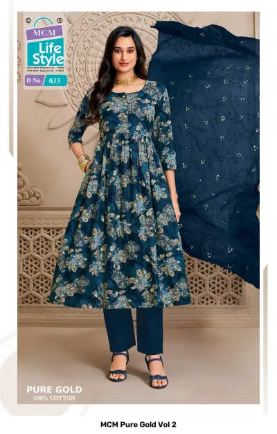 MCM Pure Gold Vol 2, blue and grey floral printed salwar suit with plain trousers and embroidered blue dupatta.