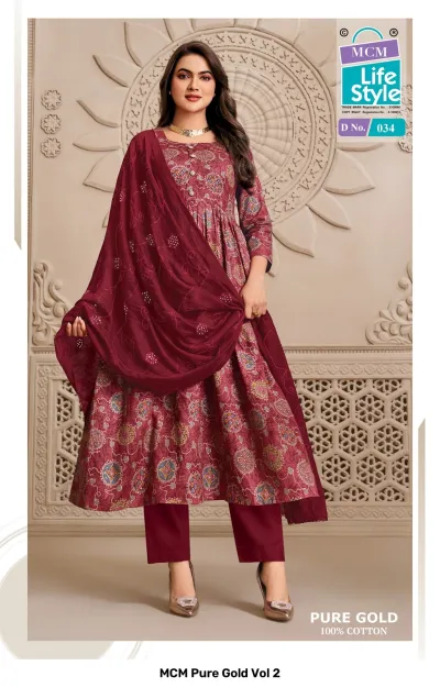MCM Pure Gold Vol 2, maroon circular printed salwar suit with plain trousers and matching embroidered dupatta.