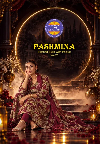 Mfc Pashmina Vol 21, catalog cover featuring a woman wearing a maroon floral printed salwar suit with a matching dupatta.