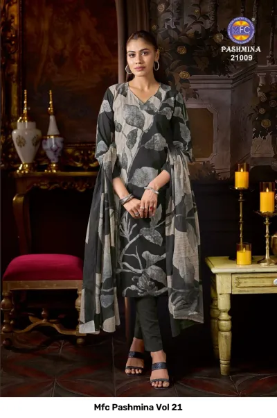Mfc Pashmina Vol 21, black and grey large leaf-patterned printed salwar suit with matching dupatta and trousers.