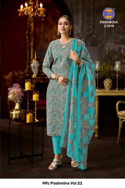 Mfc Pashmina Vol 21, teal and grey paisley printed salwar suit with matching dupatta and trousers.