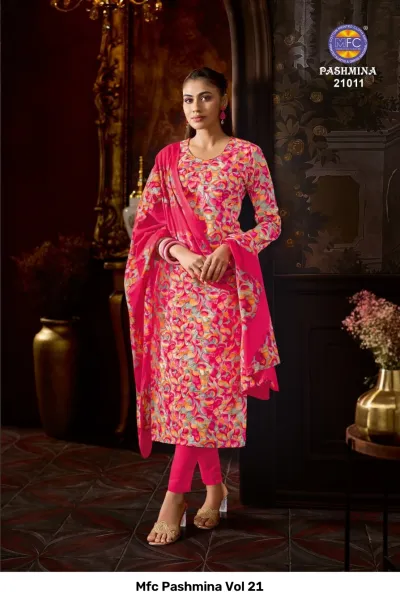 Mfc Pashmina Vol 21, bright pink and yellow multi-colored floral printed salwar suit with matching dupatta and trousers.