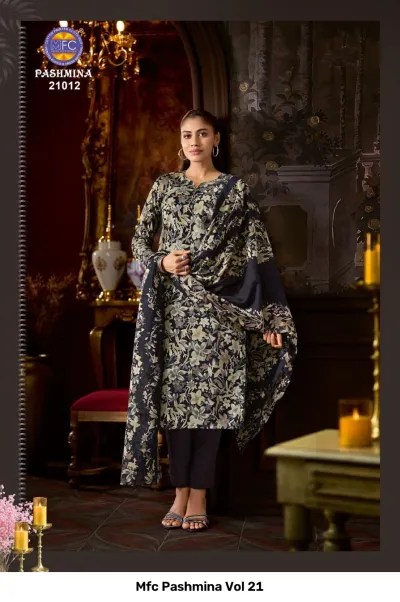 Mfc Pashmina Vol 21, black and grey floral printed salwar suit with matching dupatta and solid trousers.