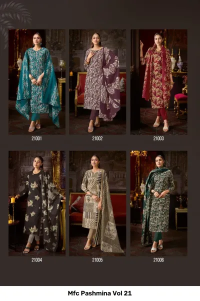 Mfc Pashmina Vol 21, catalog collage showing six different printed salwar suits from the collection.