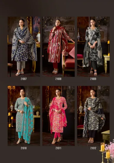Mfc Pashmina Vol 21, catalog collage showing six different printed salwar suits from the collection.